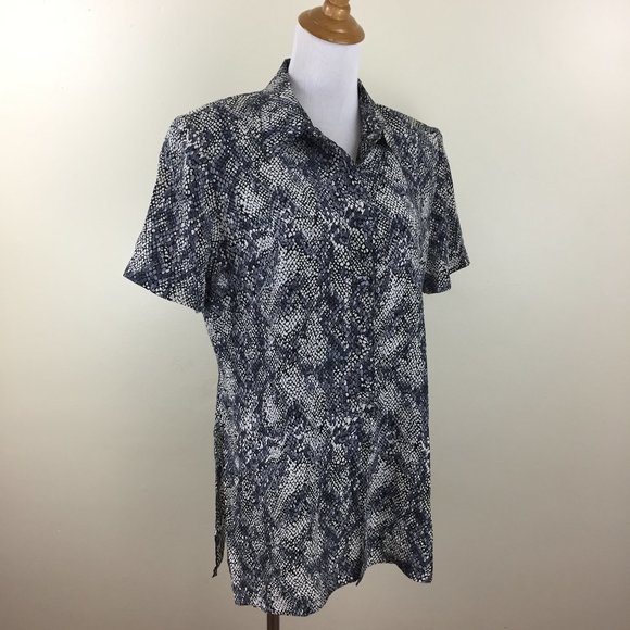 Vintage ADRIANNA PAPELL 100% Silk Gray Black White Snake Print Button Slit Shirt - Picture 1 of 8